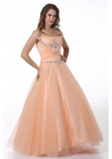 A-line Peach Off The Shoulder Beading Ruching Floor-length Tulle Prom Dress