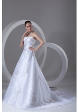 A-line Strapless Embroidery and Beading Court Train Wedding Dress