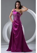 Brush Train Purple A-line One Shoulder Prom Dress with Beading