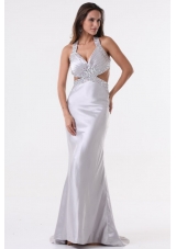 Brush Train Silver Column Halter Top Prom Dress with Beading