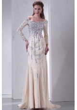 Champagne Off The Shoulder Column Beading Prom Dress with Long Sleeves