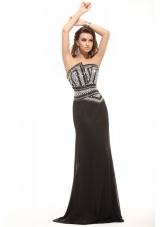 Column Black Strapless Beading Chiffon Floor-length Prom Dress