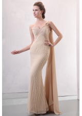 Column Champagne One Shoulder Watteau Train Beading Chiffon Wedding Dress