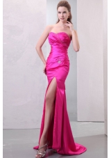 Column Hot Pink High Slit Sweetheart Beading and Ruching Prom Dress