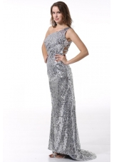 Column One Shoulder Sliver Brush Train Seuqin Prom Dress