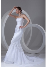 Column Strapless Appliques Court Train Organza Wedding Dress