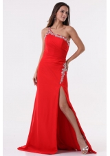 Column Wine Red One Shoulder Beading High Slit Prom Dress