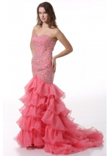 Court Train Mermaid Sweetheart Prom Dress with Beading and Layers