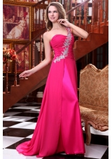 Empire One Shoulder Hot Pink Appliques and Ruching Brush Train Prom Dress