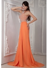 Empire Orange Scoop Beading Chiffon Brush Train Prom Dress