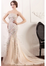 Mermaid Strapless Champagne Beading Court Train Prom Dress