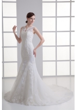 Mermaid V-Neck Lace Appliques Court Train Wedding Dress with Zipper Up
