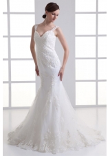 Popular Mermaid Straps Appliques Zipper Up Organza Wedding Dress
