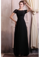 Scoop Empire Chiffon Brush Train Black Prom Dress with Appliques