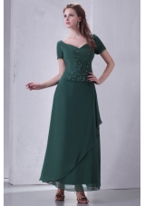 V-neck Chiffon Beading Ankle-length Prom Dress with Short Sleeves