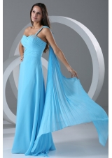 Watteau Train Aqua Blue Empire One Shoulder Prom Dress with Beading