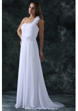 White Empire One Shoulder Ruching Brush Train Chiffon Wedding Dress