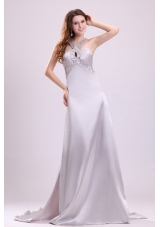 A-line Gray Straps Beading and Ruching Brush Train Prom Dress