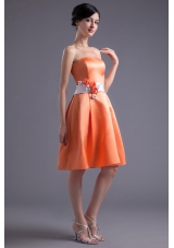 A-line Orange Red Strapless Sash Knee-length Satin Prom Dress