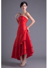 A-line Wine Red Strapless Ruching Asymmetrical Prom Dress