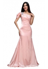 Column Baby Pink One Shoulder Beading and Ruching Prom Dress