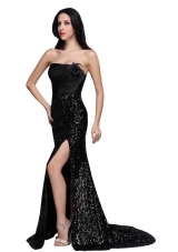 Column Black Strapless Sequins High Slit Brush Train Prom Dress