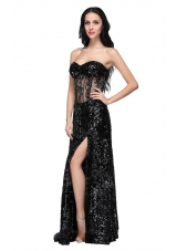 Column Black Sweetheart Long Sleeves Sequins High Slit Prom Dress