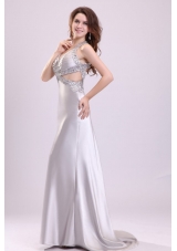 Column Gray Ruching Appliques Halter Top Brush Train Prom Dress