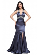 Column Halter Top Beading Navy Blue Taffeta High Slit Prom Dress