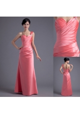 Column One Shoulder Ruching Satin Watermelon Red Prom Dress