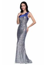 Column One Shoulder Silver Sequins High Slit Brush Train Prom Dress