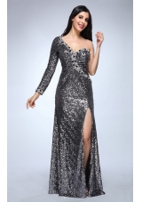 Column Silver One Shouder Long Sleeves Strapless High Slit Sequins Prom Dress