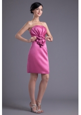 Column Strapless Rose Pink Ruching Taffeta Mini-length Prom Dress