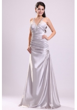 Column Straps Beading Ruching Satin Floor-length Gray Prom Dress