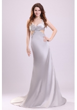 Column Straps Beading Satin Brush Train Gray Prom Dress