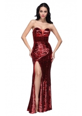 Column Sweetheart Wine Red Sequins High Slit Prom Dress