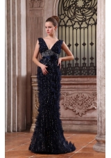 Column V-neck Navy Blue Brush Train Sequins Beading Prom Dress