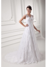 Luxurious A-line V-neck Wedding Dress with Lace Court Train