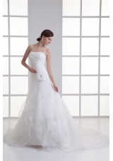 Mermaid Strapless Ruching Ruffles Organza Chapel Train Wedding Dress