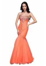 Mermaid Sweetheart Orange Beading Ruching Organza Prom Dress