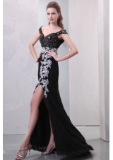 Black Off The Shoulder Appliques High Slit Cap Sleeves Prom Dress