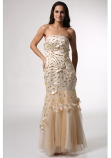 Champagne Mermaid Strapless Prom Dress with Flowers and Beading