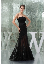 Column Black Strapless Appliques Tulle Formal Evening Prom Dress