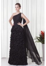 Column One Shoulder Black Watteau Train Chiffon Ruffles Prom Dress