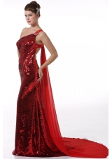 Column One Shoulder Wine Red Watteau Train Seuqin Prom Dress