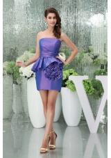 Column Strapless Purple Mini-length Hand Made Flowers Prom Dress
