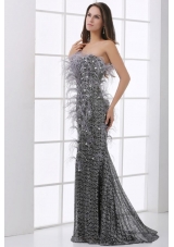 Mermaid Black Festher Strapless Sequins Brush Train Prom Dress