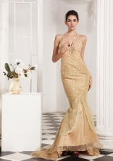 Mermaid Straps Champagne Appliques and Beading Brush Train Prom Dress