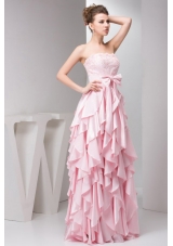 Pretty Empire Strapless Floor-length Taffeta Ruffles and Bowknot Pink Prom Dress