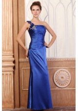 Royal Blue Column One Shoulder Prom Dress with Beading and Flowers